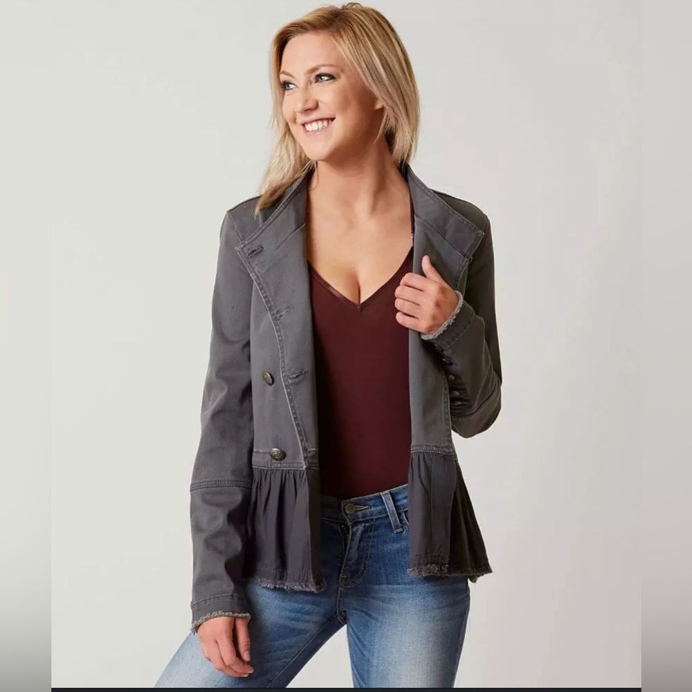 BKE Buckle Double Breasted Jacket Military Style Linen Blend Gray Small